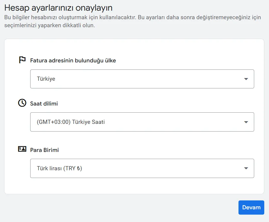 Google Ads hesap ayarları sayfası