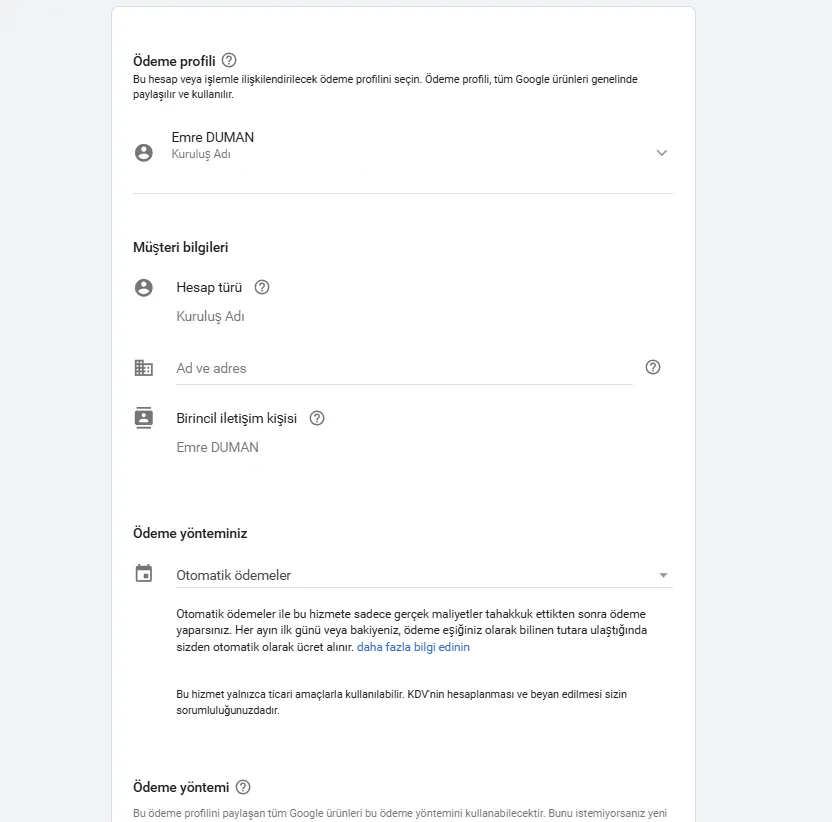 Google ads ödeme ayarları sayfası