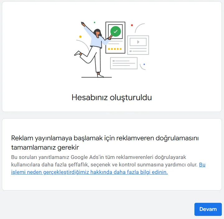 Google Ads hesap oluşturuldu bildirisi