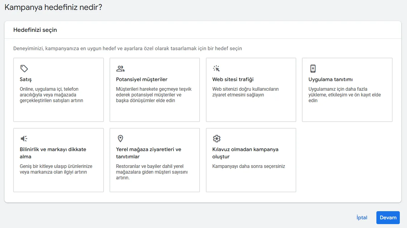 Google Ads kampanya ekleme ekranı