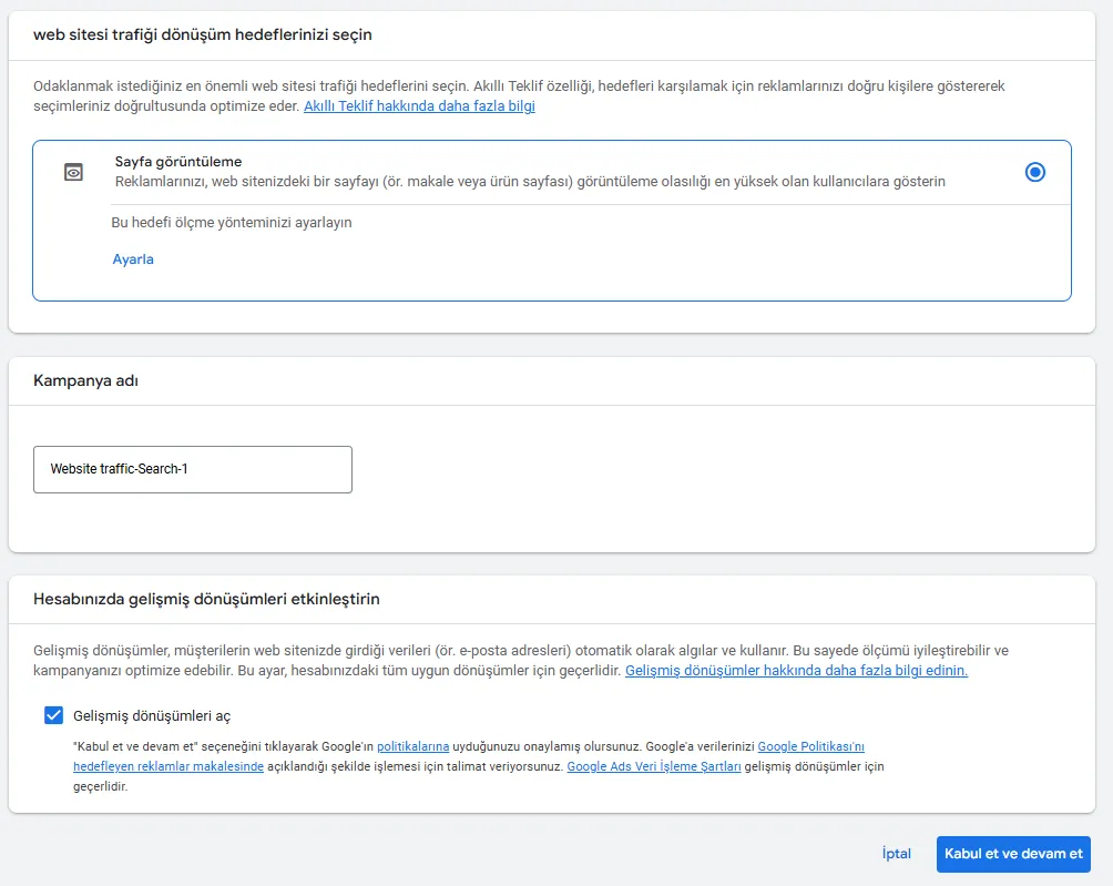 Google Ads kampanya dönüşüm hedefleri seçim ekranı