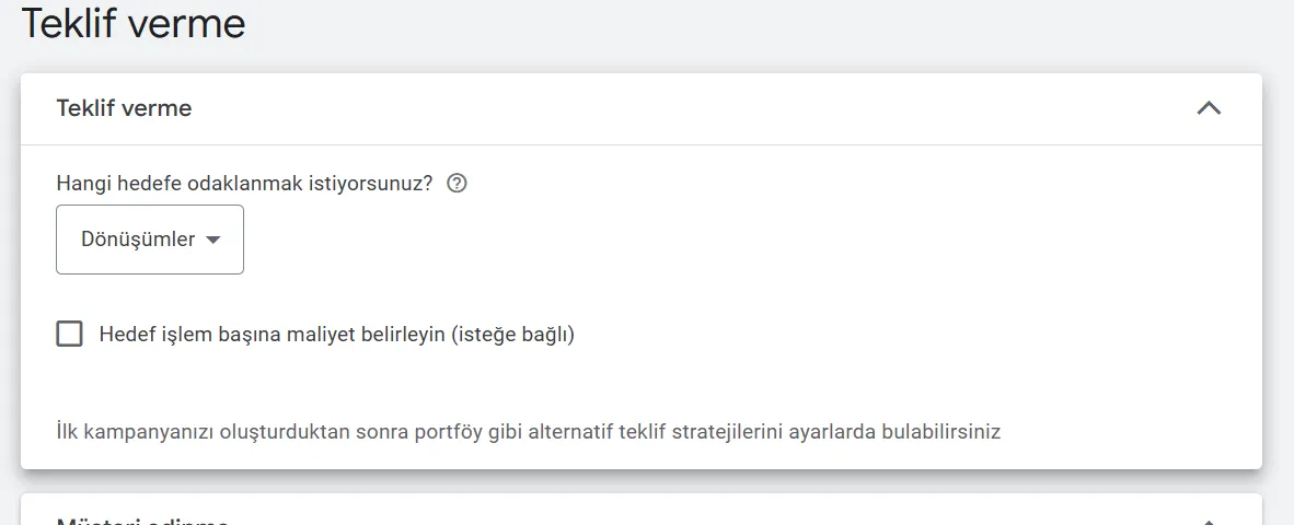 Google Ads kampanya teklif verme ekranı