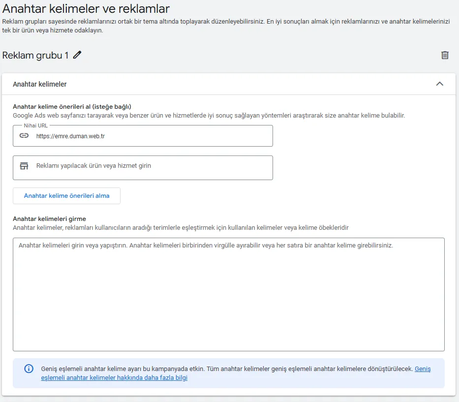 Google Ads kampanya anahtar kelime belirleme ekranı
