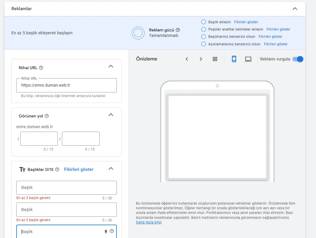 Google Ads kampanya metinleri giriş ekranı