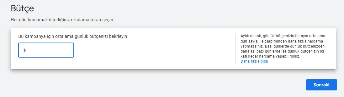 Google Ads kampanya bütçesi belirleme ekranı